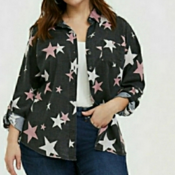TORRID 0 Soft Star Print Button Up Relaxed Fit Shirt L 12 - Picture 1 of 6